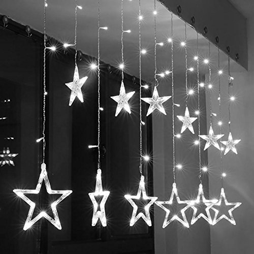 138 LED Vorhang Lichterkette,KINGCOO 2m 12 Sterne Batteriebetriebene Fenster Vorhang Fee Lichterketten Dekoleuchte für Festival Weihnachten/Hochzeit/Party/Garten Dekorationen (Weiß) von KINGCOO