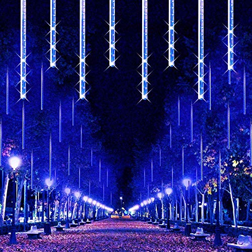 KINGCOO 288LED Meteorschauer Regentropfe Lichter, Wasserdicht 30cm 8 Tubes Schneefall Eiszapfen Lichtschläuche Solar Lichterkette für Garten Hochzeit Neujahr Party Weihnachtsbaum (Blau) von KINGCOO