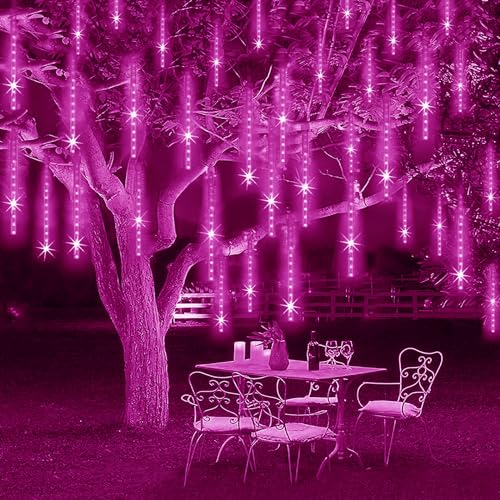 KINGCOO 2St Meteorschauer Lichterkette, Meteorschauer Fallende Regen Lichter 30cm 8 Tubes 192LEDs Wasserdichte Schneefall Lichterkette für Garten Hochzeit Party Weihnachten Dekoration (Rosa) von KINGCOO