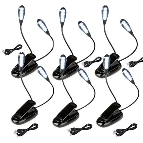 KINGCOO 8LED Buch Leselicht, Einstellbar Doppelkopf Tischlampe Klemmleuchte Lichter Clip Leselampe Tageslichtweiß Notenständer Licht mit 2 Helligkeit USB Kabel für BBQ Schreibtisch Reisen (6Stück) von KINGCOO