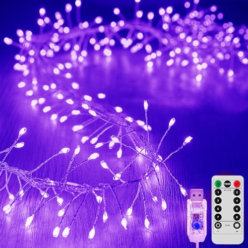 KINGCOO Feuerwerk Lichterkette Außen Innen, 6M 200LED USB Kupferdraht Cluster Lichter 8Modi mit Timer Fernbedienung für DIY Schlafzimmer Weihnachten Hochzeit Party Décor (Lila) von KINGCOO