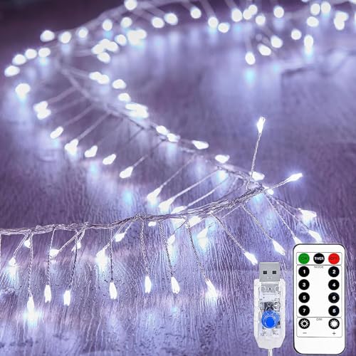 KINGCOO Feuerwerk Lichterkette Außen Innen, 6M 200LED USB Kupferdraht Cluster Lichter 8Modi mit Timer Fernbedienung für DIY Schlafzimmer Weihnachten Hochzeit Party Décor (Weiß-1) von KINGCOO