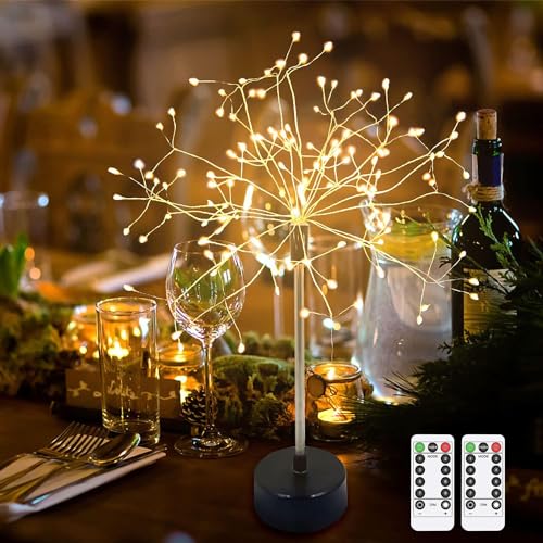 KINGCOO Feuerwerk Tischlampe, 120LED Starburst Löwenzahn Kupferdraht Atmosphäre Dekorative Schreibtischlampe USB/Batteriebetriebene 8Modi für Schlafzimmer Bankett Weihnachtshochzeit Party (2Stück) von KINGCOO