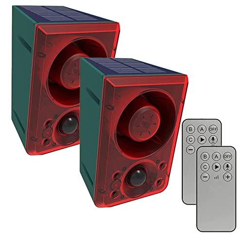 KINGCOO Solar Bewegungsmelder Alarmleuchte Außen, LED Sicherheitsalarm Warnung Blinklicht 130db Sirene Schussgeräuschen und Hundebellgeräusch Aufnahmefunktion für Bauernhof Villa Scheune Hof (2PCS) von KINGCOO