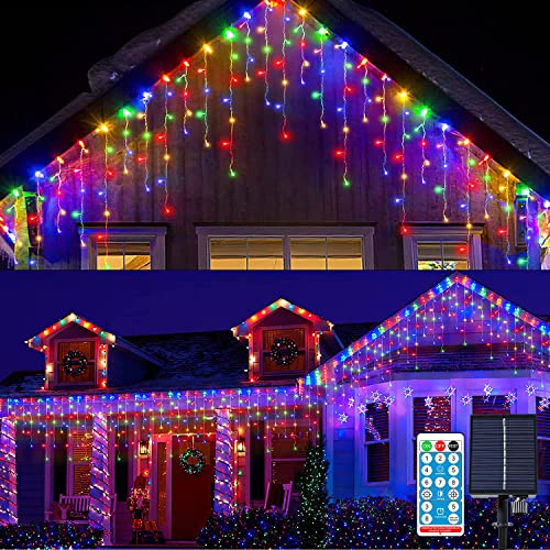 Solar Lichtervorhang Außen,KINGCOO Wasserdicht 3M 128LED Eisregen Vorhang Solar Lichterketten Fernbedienung 8Modi Innen Weihnachtsbeleuchtung für Garten Balkon Hochzeit Wanddekorationen(Mehrfarbig) von KINGCOO