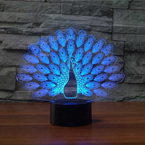 LED Lampe Nachtlicht,KINGCOO Magical 3D Visualisierung Amazing Optische Täuschung Touch Control Light 7 Farben ändern Schreibtischlampen für Kinderzimmer Home Decoration Best Geschenk (Pfau) von KINGCOO