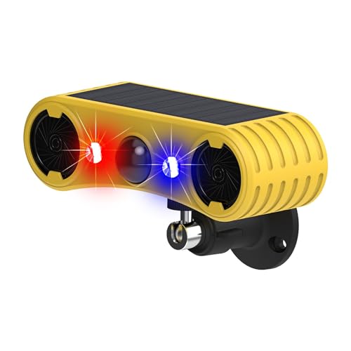 Solar Bewegungsmelder Alarm mit 13Sounds,KINGCOO 129db Dual Lautsprecher Schussgeräuschen Hundegebell Sound LED Rot Blau Warnung Sicherheits Strobe Licht für Außen Farm Yard Orchard Scheune (1PCS) von KINGCOO