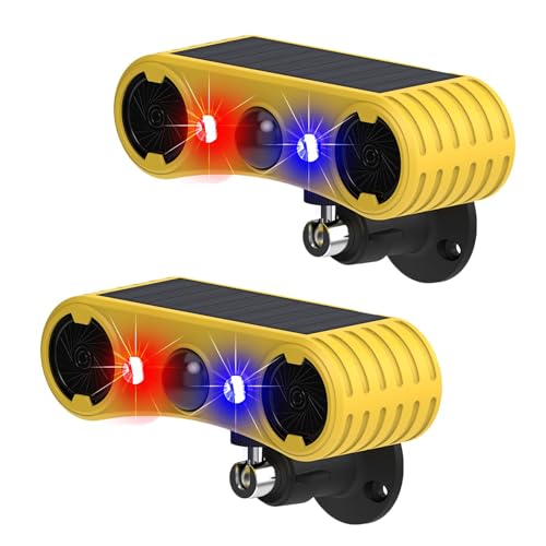Solar Bewegungsmelder Alarm mit 13Sounds,KINGCOO 129db Dual Lautsprecher Schussgeräuschen Hundegebell Sound LED Rot Blau Warnung Sicherheits Strobe Licht für Außen Farm Yard Orchard Scheune (2PCS) von KINGCOO