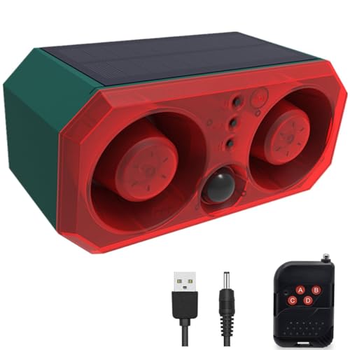 Solar Bewegungsmelder Alarm mit 13Sounds,KINGCOO 130db Dual Lautsprecher Schussgeräuschen Hundegebell Sound Aufnahme Warnung Sicherheits Strobe Licht für Außen Farm Yard Orchard Scheune (1PCS) von KINGCOO
