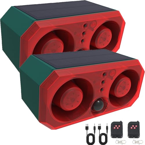Solar Bewegungsmelder Alarm mit 13Sounds,KINGCOO 130db Dual Lautsprecher Schussgeräuschen Hundegebell Sound Aufnahme Warnung Sicherheits Strobe Licht für Außen Farm Yard Orchard Scheune (2PCS) von KINGCOO