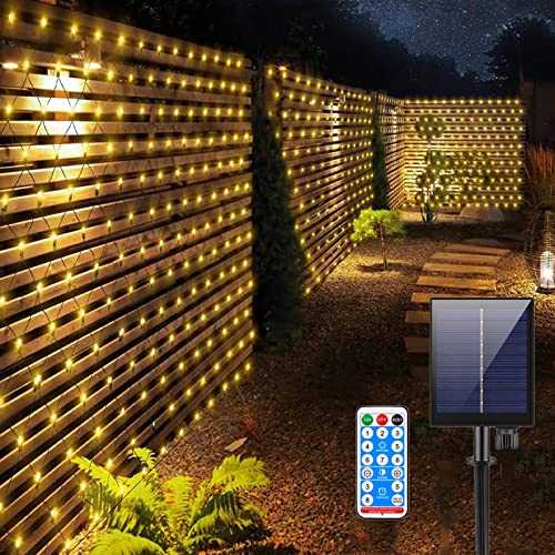 Solar Lichternetz Außen,KINGCOO Wasserfest 3x2M 200LED Lichterkette Solar Mesh Netz Lichtervorhang Deko Leuchte Fernbedienung 8 Modi für Innen Weihnachten Garten Party Hochzeit Schlafzimmer(Warmweiß) von KINGCOO