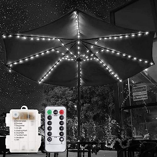 Sonnenschirmleuchten Terrassenschirm Lichterketten,KINGCOO 104LED Regenschirm Licht Fernbedienung 8 Modus Batteriebetriebene Dekorative Stange Licht für Außenbereich Regenschirm Zelt (Weiß) von KINGCOO