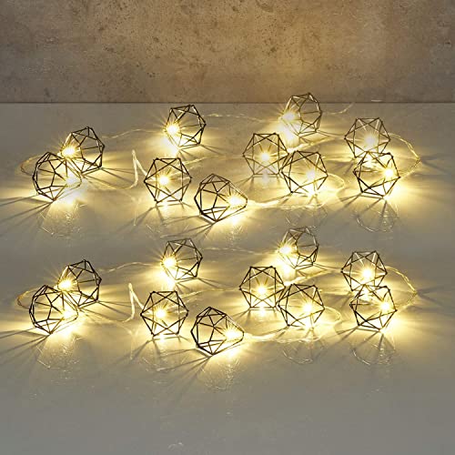 KINGCOO Vintage Lampenschirm Lichterketten, 20LED Warmweiß Schwarz Polygon Diamant Metall Laterne Käfig Lichter Batteriebetriebene Dekorative Hängeleuchten für Home Patio Garten Hochzeit (Diamant) von KINGCOO