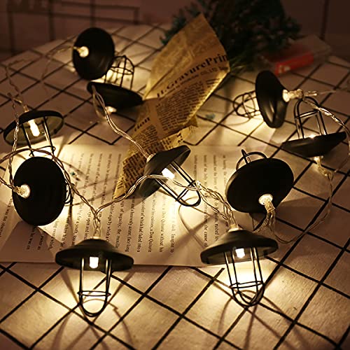 KINGCOO Vintage Lampenschirm Lichterketten, 20LED Warmweiß Schwarz Polygon Diamant Metall Laterne Käfig Lichter Batteriebetriebene Dekorative Hängeleuchten für Home Patio Garten Hochzeit (Polygon) von KINGCOO