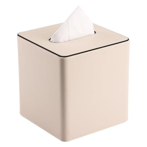 KINGFOM Taschentuchbox Kosmetiktücherbox aus PU Leder, Dekorative Tissue Box Tücherbox für Wohnzimmer, Badezimmer & Büro (Beige, Quadratisch) von KINGFOM