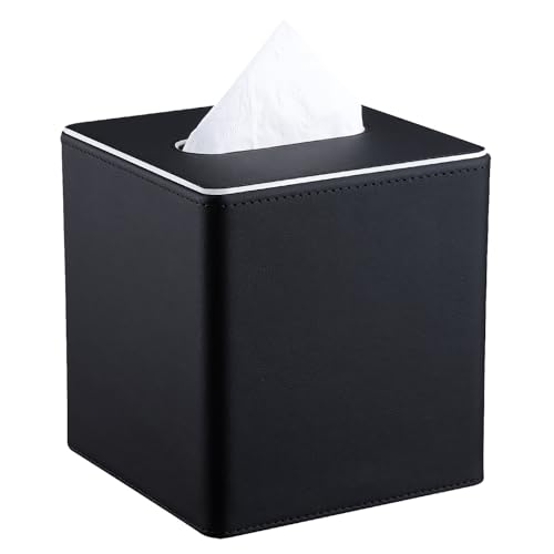KINGFOM Taschentuchbox Kosmetiktücherbox aus PU Leder, Dekorative Tissue Box Tücherbox für Wohnzimmer, Badezimmer & Büro (Schwarz, Quadratisch) von KINGFOM
