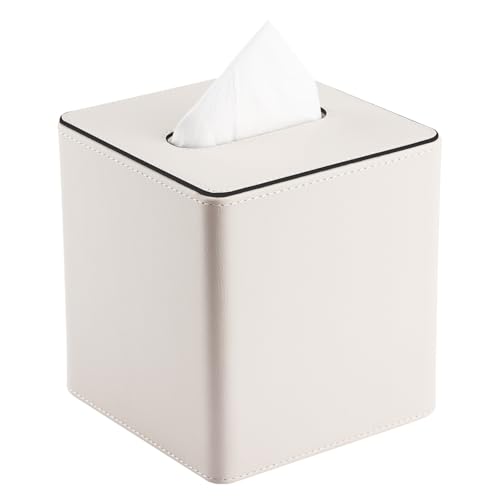 KINGFOM Taschentuchbox Kosmetiktücherbox aus PU Leder, Dekorative Tissue Box Tücherbox für Wohnzimmer, Badezimmer & Büro (Weiß, Quadratisch) von KINGFOM