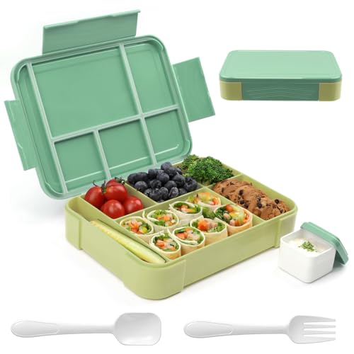 KINGHON Bento Lunch Box für Kinder 1330ML,Kinder Snack Box mit 5 Fächern,BPA Free Leak-Proof Erwachsene Food Container mit Sauce Box und Besteck Set für Arbeit, Schule, außerhalb (Grün) von KINGHON