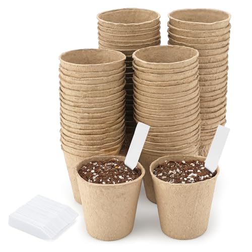 KINGLAKE 100 Stück Anzuchttöpfe Biologisch Abbaubare 8CM, Kleine Aussaattöpfe Papier Zellstoff Rund, Für Sämlingen,Saate, Stecklingen, Mit 100 Stück Pflanzenstecker 5X1CM von KINGLAKE