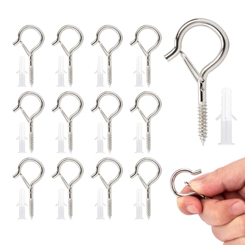 KINGLAKE 12 Stück Haken zum Schrauben Einschraubhaken - Schraubhaken mit Sicherung, Edelstahl Wandhaken, ösenschrauben, Deckenhaken, Einhängehaken für Lichterketten Pflanzenkörben Pflanzenkörben von KINGLAKE