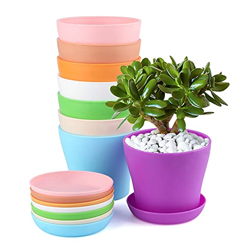 KINGLAKE 16Stk 10CM pflanztöpfe pflanzentöpfe anzucht blumentopf Plastik klein mit Paletten anzuchttöpfe Kunststoff töpfe Pflanzen runden für Samen saftige Blumen für Home Büro Dekoration, 8 Farben von KINGLAKE