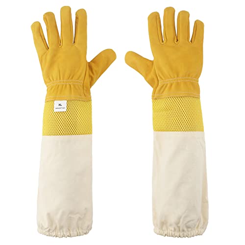 KINGLAKE Gelb Schutzhandschuhe Bienenzuch Ziegenleder EIN Paar Bienenzucht Handschuhe mit belüftetem Ärmel Perfekt Schutz für die Imker von KINGLAKE