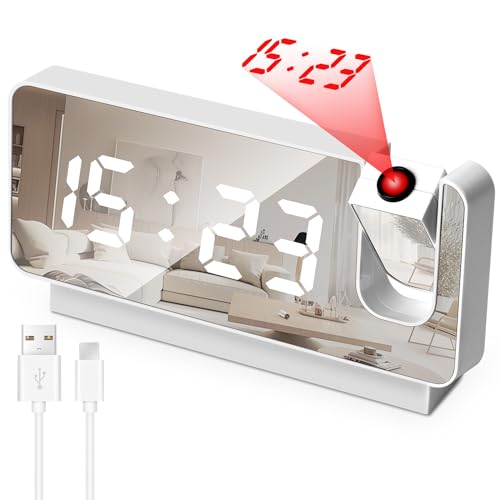 Wecker Digital mit Projektion, Projektionswecker LED-Anzeige mit USB Ladegerät, Reisewecker Projektionsuhr für Schlafzimmer Büro Küche - Weiß von KINGOZOYI