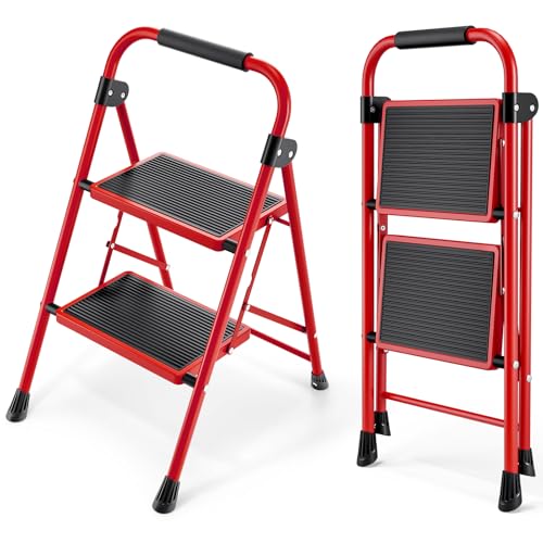 KINGRACK 2 Stufen Leiter, Trittleiter mit Handläufen, Stufenleiter, Klappleiter Tritthocker, Klapptritthocker für Erwachsene mit Griff, Haushaltsleiter Anti-Rutsch-stabilem und breitem Pedal, rot KINGRACK 2 Stufen Leiter, Trittleiter mit Handläufen, Stufenleiter, Klappleiter Tritthocker, Klapptritthocker für Erwachsene mit Griff, Haushaltsleiter Anti-Rutsch-stabilem und breitem Pedal, rot von KINGRACK