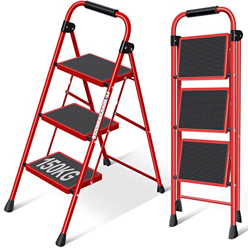 KINGRACK 3 Stufen Leiter, Trittleiter mit Handläufen, Stufenleiter, Klappleiter Tritthocker, Klapptritthocker für Erwachsene mit Griff, Haushaltsleiter Anti-Rutsch-stabilem und breitem Pedal, rot KINGRACK 3 Stufen Leiter, Trittleiter mit Handläufen, Stufenleiter, Klappleiter Tritthocker, Klapptritthocker für Erwachsene mit Griff, Haushaltsleiter Anti-Rutsch-stabilem und breitem Pedal, rot von KINGRACK