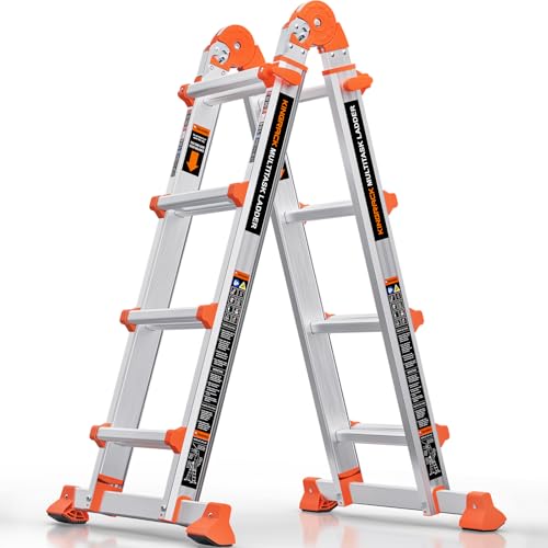KINGRACK Aluminium Teleskopleiter 4,17 M 4x4 Sprossen Mehrzweckleiter, Rutschfeste Multifunktionsleiter mit Stabilisatorstange, Aluleiter Treppenleiter Bockleiter beidseitige Steh Belastbar bis 150 kg von KINGRACK