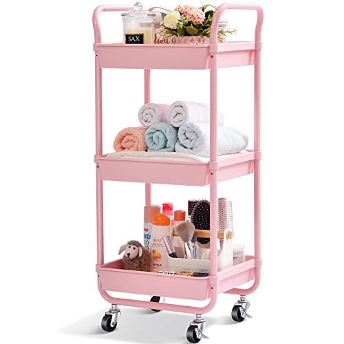 KINGRACK Aufbewahrungswagen, 3 Etagen, Küchenwagen, Organisationswagen mit Rädern, Allzweckwagen, Rollwagen, Regal, Aufbewahrungsregal, Obst- und Gemüseregal, Organizerwagen, Rosa von KINGRACK