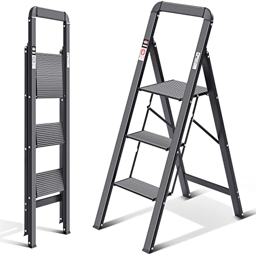KINGRACK Leiter Aluminium, Trittleiter 3 Stufen klappbar, Leiter 3 Stufen mit Handlauf Belastbar bis 150 kg, rutschfeste Haushaltsleiter mit Klappsicherung, Aluleiter für Zuhause, Büro,Garten,Schwarz von KINGRACK