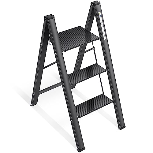 KINGRACK Stufenleiter, Trittleiter 3 Stufen, Klapptrittleiter mit Handlauf, rutschfeste Haushaltsleiter mit Klappsicherung, Aluminium Tritthocker Schwarz von KINGRACK