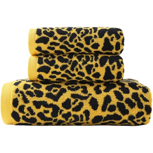 KINGSHORE 3-teiliges Premium Badetuch-Set (Leopard), 1 Badetuch, 2 Handtücher, schnelltrocknend, 100% Baumwolle, Oeko-TEX Zertifiziert (Gelb) von KINGSHORE