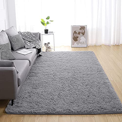KINGSON Teppich Wohnzimmer, Teppich Waschbar Langflor Hochflor Teppiche Modern Flauschig Grau Rosa Weiß fürs Wohnzimmer, Schlafzimmer und die Küche Geeignet (Neu Reines Grau, 120 * 160cm) von KINGSON