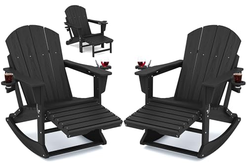 KINGYES Adirondack Klappstuhl, 2er-Set, Schaukelstuhl mit Ottomane (abnehmbarer Schaukelfuß), HDPE, wetterbeständig, Adirondack-Stuhl mit Getränkehalter, Mitternachtsschwarz von KINGYES