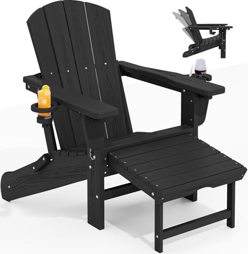 KINGYES Adirondack Klappstuhl mit einziehbarer Ottomane, HDPE verstellbarer Adirondack-Stuhl mit Getränkehalter, Schwarz von KINGYES