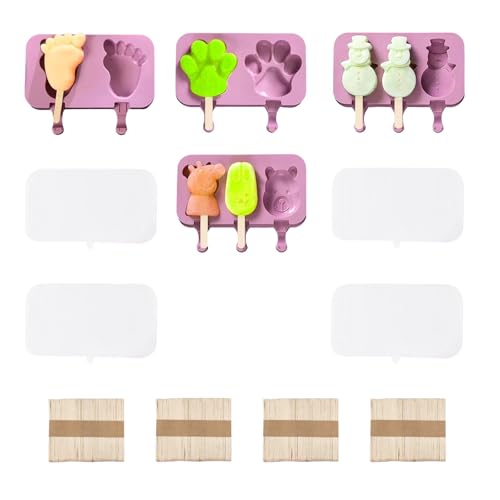 KINHARD Eisformen Silikon, 4 Stück Eisförmchen mit Deckel, Eisformen 6 Muster, Popsicle Molds Inklusive 200 Holzstäbchen, Diy-Form Selbstgemachte Eis Stiel Form von KINHARD