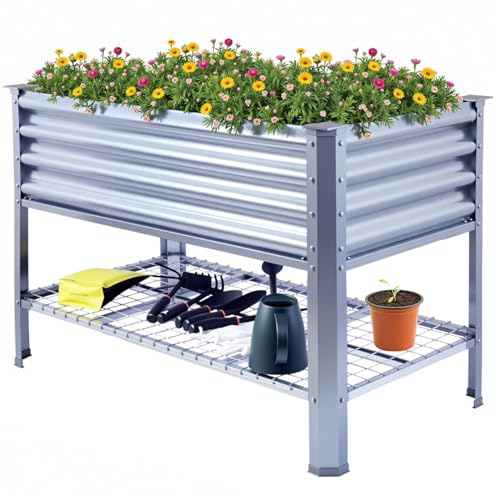 Hochbeet mit Beinen aus Metall 120×60×80 cm Hochbeet mit Ablage Galvanisiert Pflanzkasten Hoches Gartenbeet für Gemüse Blumen Kräuter (120×60×80 cm, Metall, mit Ablage) von KINI MOX