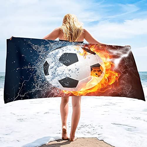 KINITA Fußball Strandtuch Groß 100x200, 3D Flamme Badetuch Mikrofaser Handtücher, Strandhandtuch Schnell Trocknendes Sandfreies Badehandtuch, Saunatuch, Handtuch, Damen, Herren, Strandtücher von KINITA