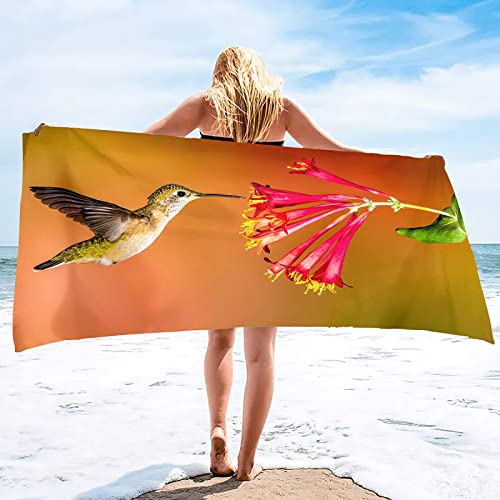 KINITA Kolibri Blumen Strandtuch Groß 100x200, 3D Badetuch Mikrofaser Handtücher, Strandhandtuch Schnell Trocknendes Sandfreies Badehandtuch, Saunatuch, Handtuch, Damen, Herren, Strandtücher von KINITA