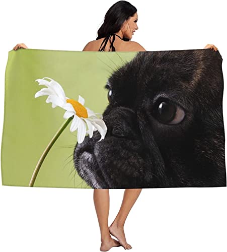 Strandtuch Groß Schwarz 70x140, 3D Französische Bulldogge Badetuch Mikrofaser Handtücher, Strandhandtuch Schnell Trocknendes Sandfreies Badehandtuch, Saunatuch, Handtuch, Damen, Herren, Strandtücher von KINITA