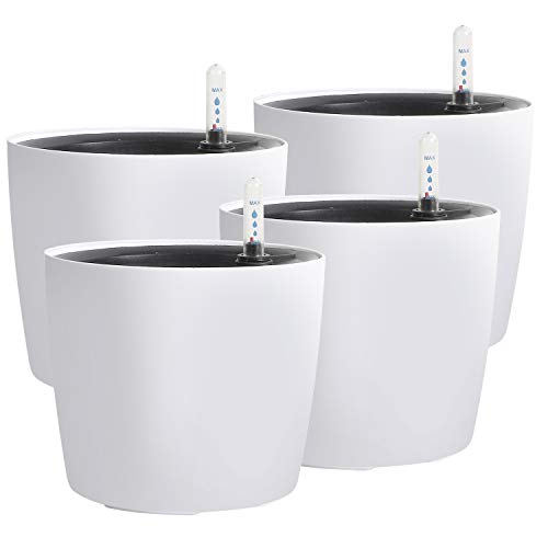 KINJOEK 4 Packungen 17,8 cm selbstwässernder Übertopf mit Wasserstandsanzeige, moderner Garten, dekorativer weißer Blumentopf für Zimmerpflanzen, Blumen, afrikanische Veilchen, Sukkulenten, weiß von KINJOEK