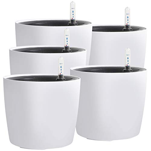 KINJOEK 5 Packungen 17,8 cm Selbstbewässernder Topf mit Wasserstandsanzeiger, moderner Garten dekorativer weißer Blumentopf, Blumen, afrikanische Veilchen, Sukkulenten, weiß von KINJOEK