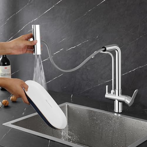 KINKIBOS 3 Wege Wasserhahn Ausziehbar Küche für Wasserfilter, 4 Modi Mischbatterie Küche, Messingkörper, 360° Drehbar, Trinkwasserhahn mit 2 Hebel, Chrom von KINKIBOS