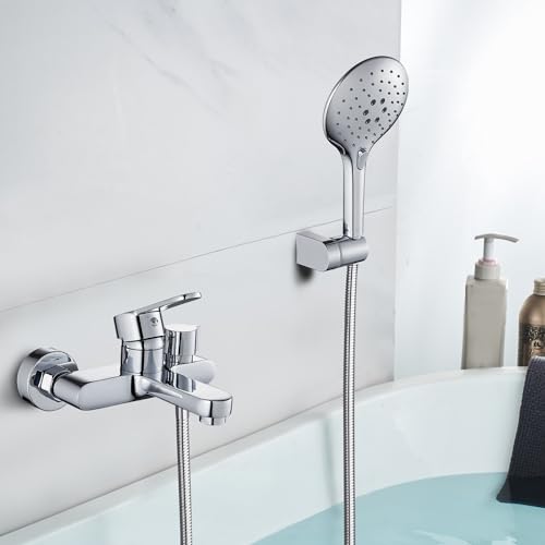KINKIBOS Badewannenarmatur mit 3 Funktionen Handbrause, Hochwertiger Messingkörper, Aufputz Einhebel Wannenmischer, Neue Upgrade-Umsteller, Wandmontierte Duscharmatur für Badewanne und Bad, Chrom von KINKIBOS