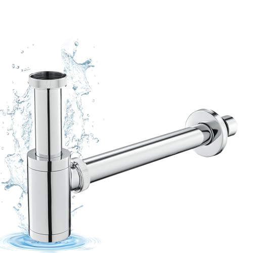 KINKIBOS Messing Siphon Universal für Bad Waschbecken & Waschtisch, Flaschensiphon in 1 1/4 x 32 mm, Abfluss Ablaufgarnitur, Geruchsverschluss mit Reinigungsöffnung Sifon Spülbecken Abflussrohr, Chrom von KINKIBOS