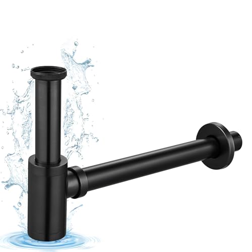 KINKIBOS Messing Siphon Universal für Waschbecken & Waschtisch, Flaschensiphon in 1 1/4 x 32 mm, Abfluss Ablaufgarnitur, Geruchsverschluss mit Reinigungsöffnung Sifon Spülbecken Abflussrohr, Schwarz von KINKIBOS