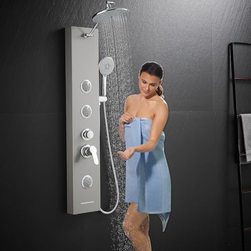 KINKIBOS Duschpaneel mit Armatur, 5 Funktionen Duschsäule mit Regenfall Dusche, 2 Seitenspray, Handbrause und Wanneneinlauf, Höhenverstellbar, Duschpaneel aus Edelstahl, Gebürstet von KINKIBOS
