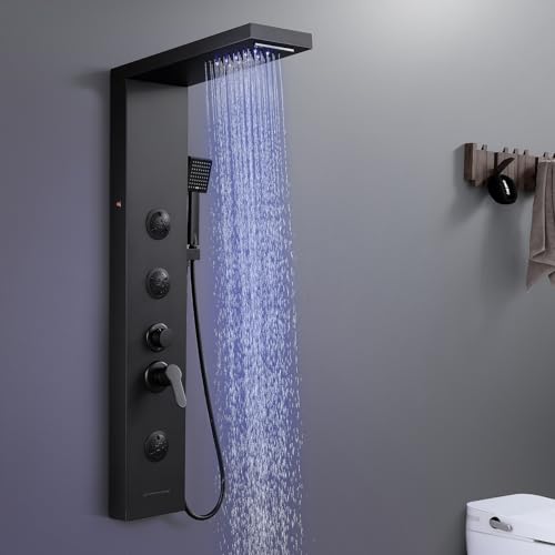 KINKIBOS Duschpaneel mit Armatur, 6 Funktionen Duschpaneel mit LED Regen&Wasserfall Dusche, 3 Massagedüsen, Handbrause und Wanneneinlauf, Duschsäule aus Edelstahl Mattschwarz von KINKIBOS